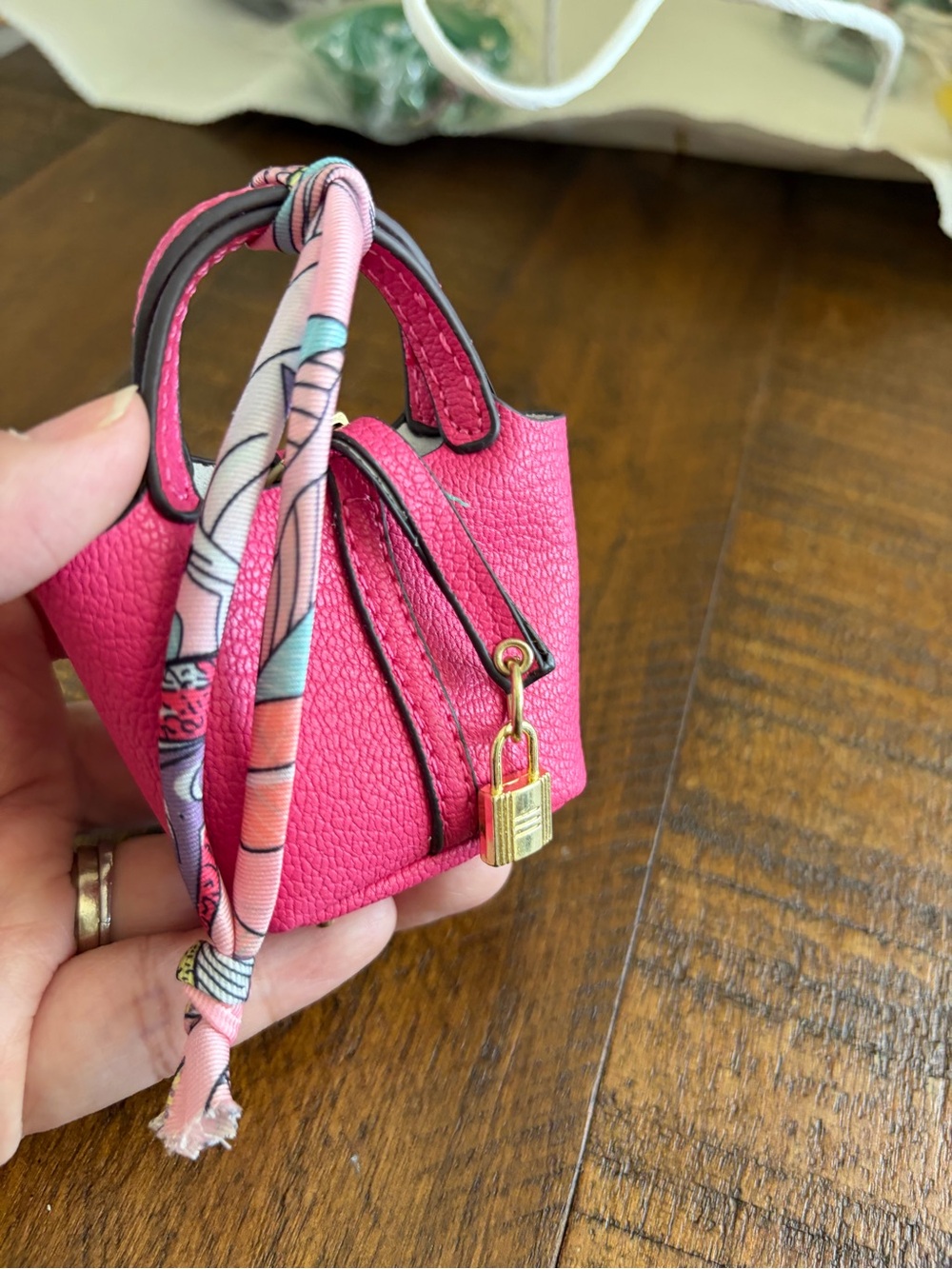 Hot Pink Mini Tote Bag with Gold Padlock - Picture 3 of 6